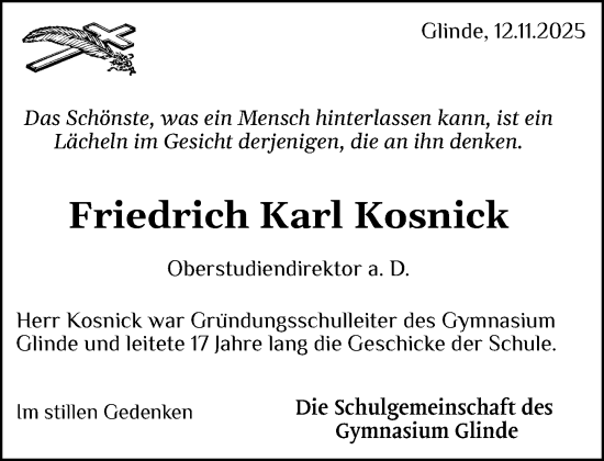 Traueranzeige von Friedrich Karl Kosnick von MARKT Glinde/Reinfeld