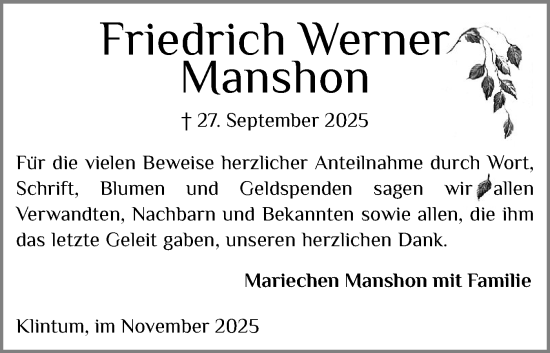Traueranzeige von Friedrich Werner Manshon von Husumer Nachrichten, Nordfriesland Tageblatt
