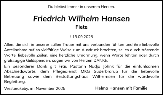 Traueranzeige von Friedrich Wilhelm Hansen von Schleswiger Nachrichten, Schlei-Bote