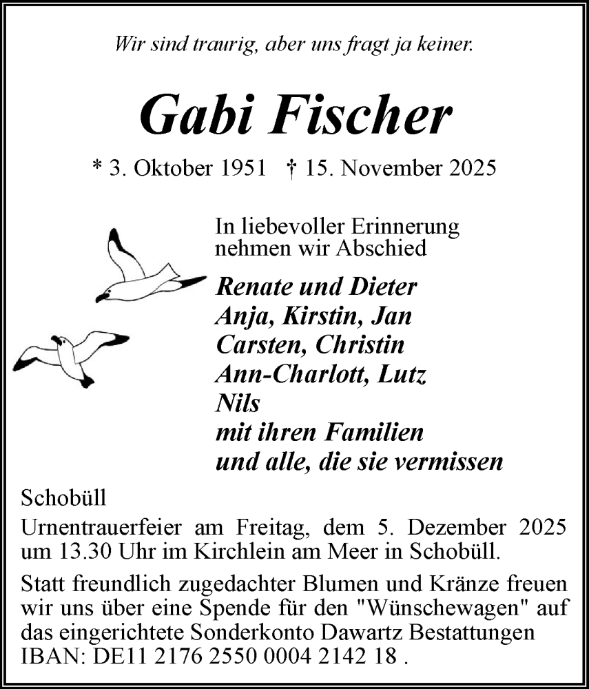  Traueranzeige für Gabi Fischer vom 22.11.2025 aus Husumer Nachrichten, Nordfriesland Tageblatt