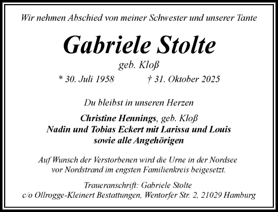 Traueranzeige von Gabriele Stolte von Wochenend Anzeiger