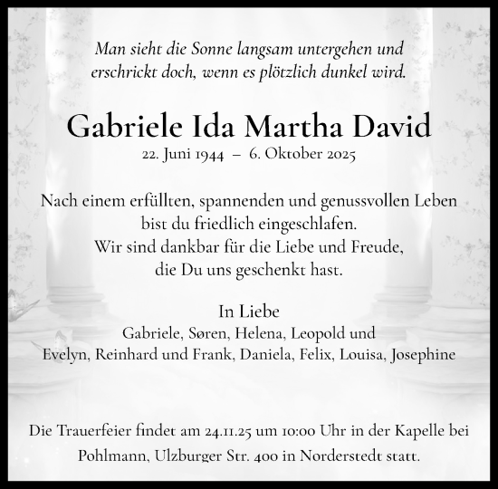 Traueranzeige von Gabriele Ida Martha David von Heimatspiegel