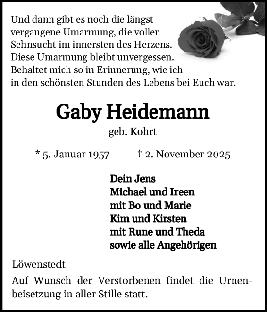 Traueranzeige von Gaby Heidemann von Husumer Nachrichten, Nordfriesland Tageblatt