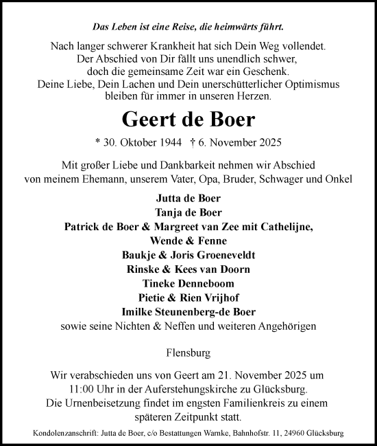 Traueranzeige von Geert de Boer von Flensburger Tageblatt