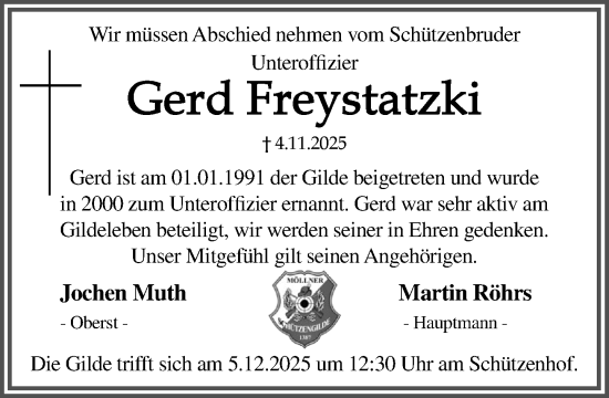 Traueranzeige von Gerd Freystatzki von MARKT Ratzeburg/Mölln