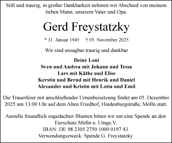 Traueranzeige von Gerd Freystatzky von MARKT Ratzeburg/Mölln