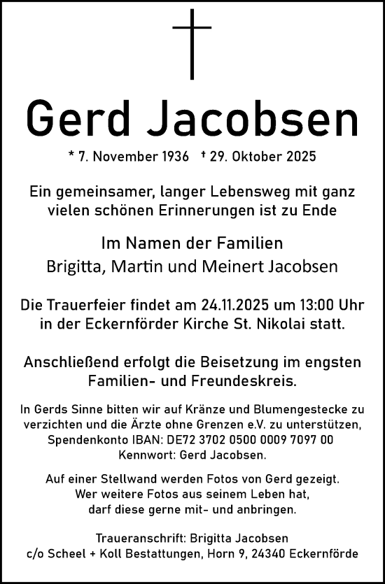 Traueranzeige von Gerd Jacobsen von Eckernförder Zeitung
