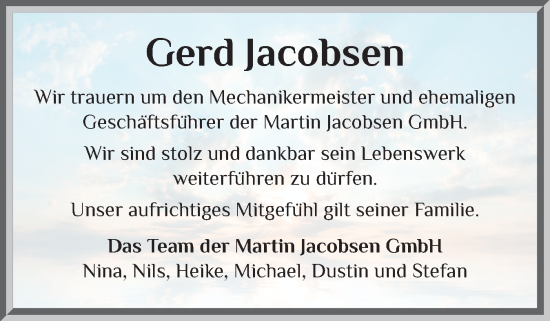 Traueranzeige von Gerd Jacobsen von Eckernförder Zeitung, Hallo Eckernförde