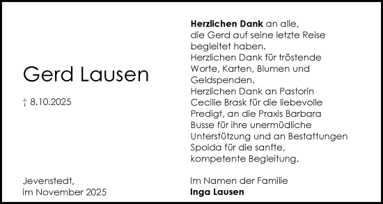 Traueranzeige von Gerd Lausen von Schleswig-Holsteinische Landeszeitung