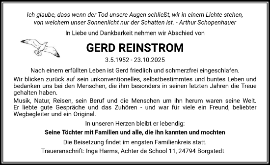 Traueranzeige von Gerd Reinstrom von Region Steinburg-Elmshorn