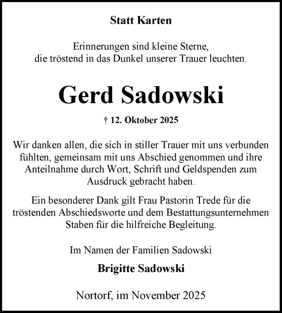 Traueranzeige von Gerd Sadowski von Schleswig-Holsteinische Landeszeitung