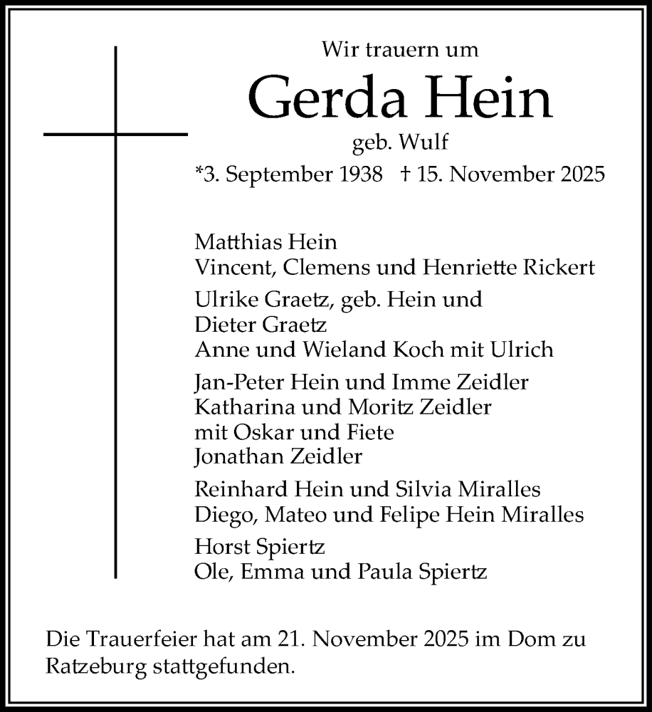  Traueranzeige für Gerda Hein vom 22.11.2025 aus MARKT Ratzeburg/Mölln
