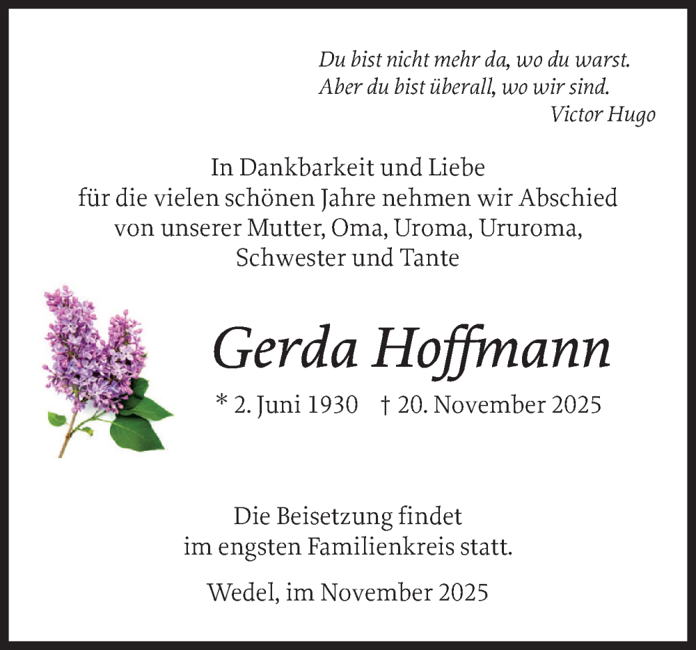 Traueranzeige für Gerda Hoffmann vom 29.11.2025 aus Wedel-Schulauer Tageblatt, tip Wedel-Schulauer Tageblatt, tip Rissener Rundschau