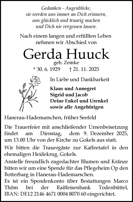 Traueranzeige von Gerda Huuck von Schleswig-Holsteinische Landeszeitung