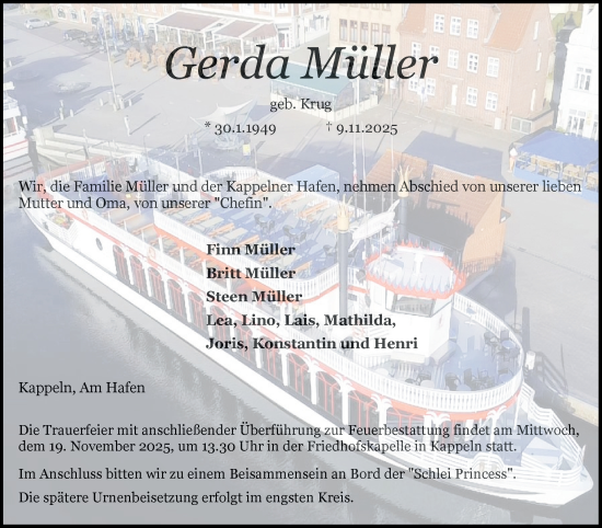 Traueranzeige von Gerda Müller von Schleswiger Nachrichten, Schlei-Bote