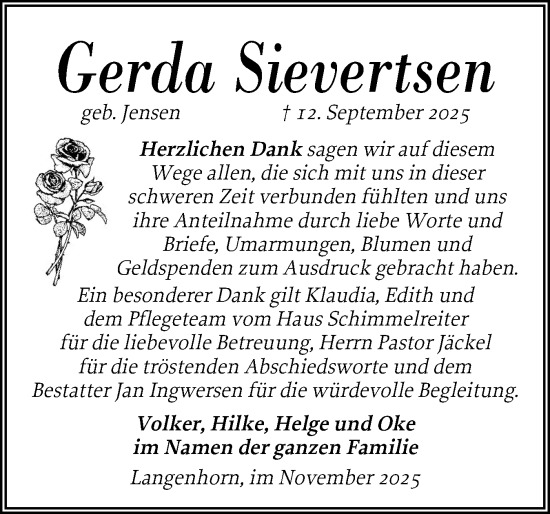 Traueranzeige von Gerda Sievertsen von Husumer Nachrichten, Nordfriesland Tageblatt