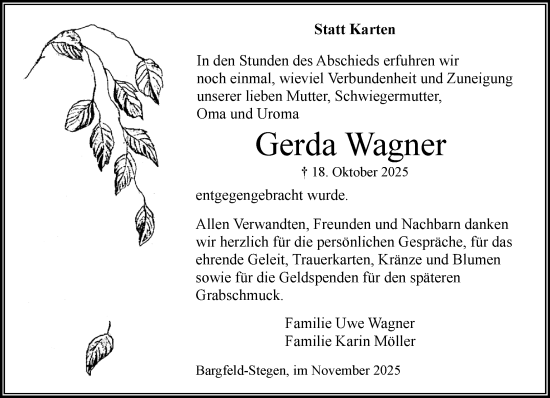 Traueranzeige von Gerda Wagner von MARKT Ahrensburg/Bargteheide/Trittau und Stormarner Tageblatt