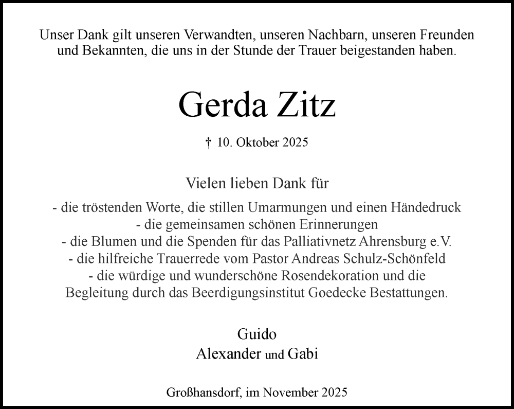  Traueranzeige für Gerda Zitz vom 22.11.2025 aus MARKT Ahrensburg/Bargteheide/Trittau und Stormarner Tageblatt