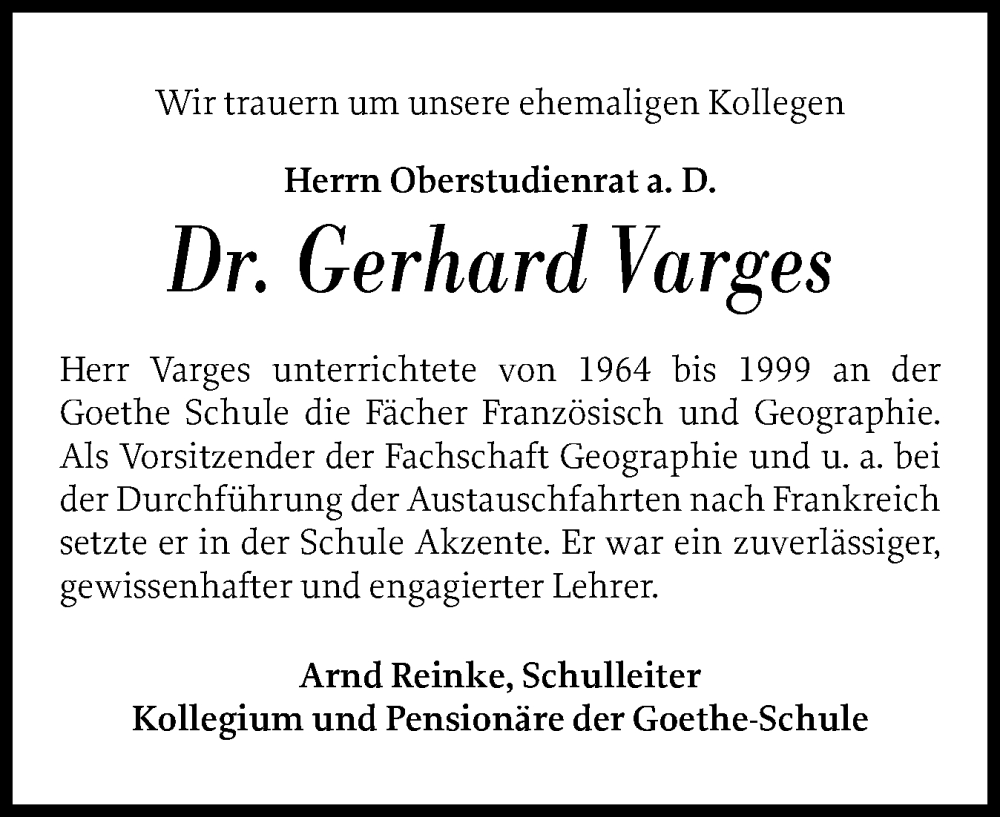  Traueranzeige für Gerhard Varges vom 08.11.2025 aus Flensburger Tageblatt