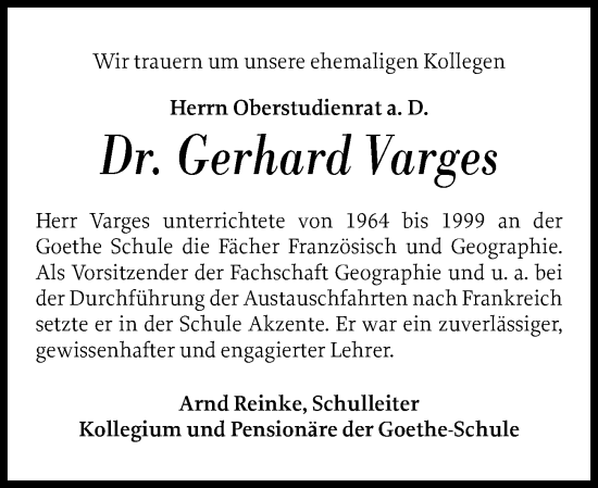 Traueranzeige von Gerhard Varges von Flensburger Tageblatt