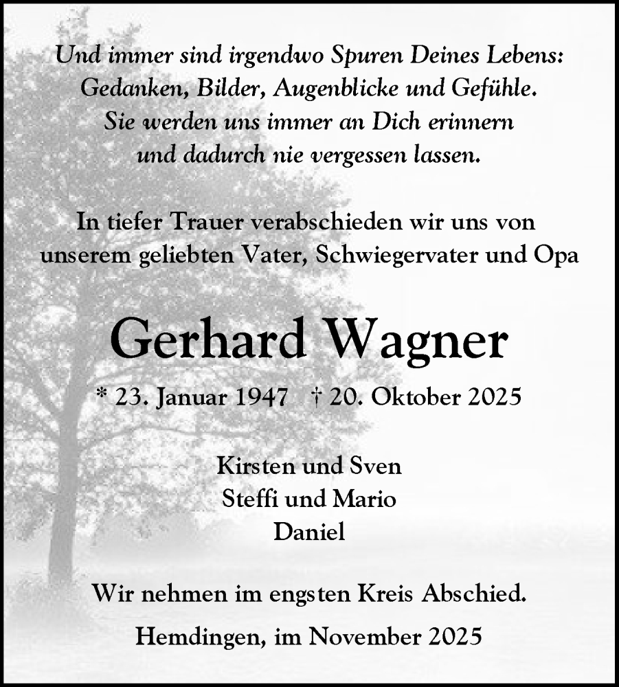  Traueranzeige für Gerhard Wagner vom 08.11.2025 aus Elmshorner Nachrichten, Barmstedter Zeitung