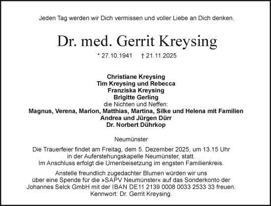 Traueranzeige von Gerrit Kreysing von Holsteinischer Courier