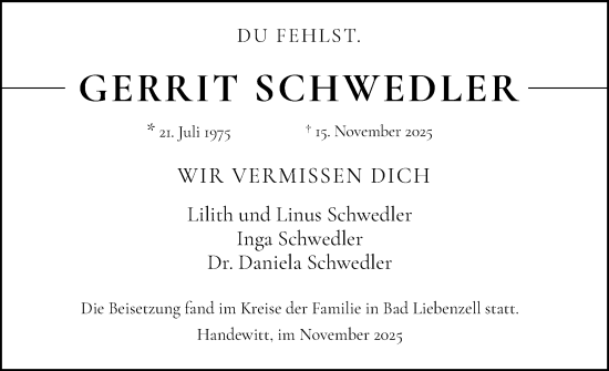 Traueranzeige von Gerrit Schwedler von Flensburger Tageblatt