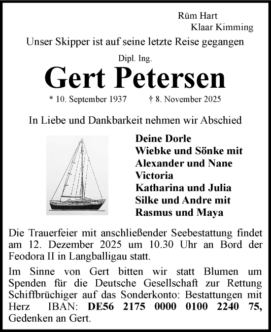 Traueranzeige von Gert Petersen von Flensburger Tageblatt