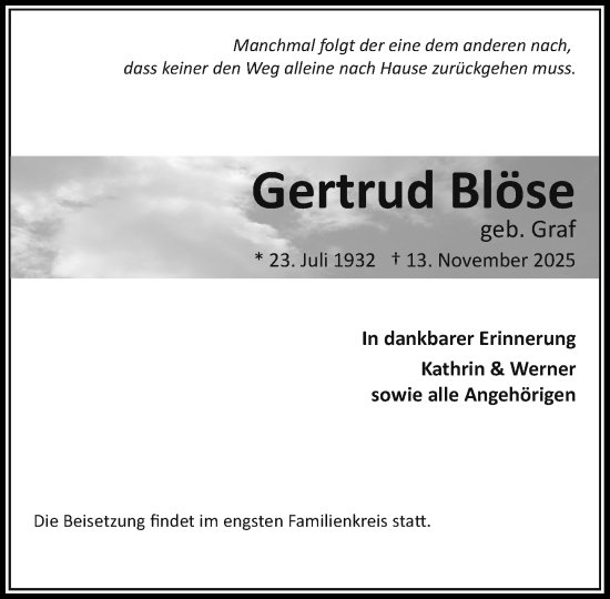 Traueranzeige von Gertrud Blöse von Wochenend Anzeiger