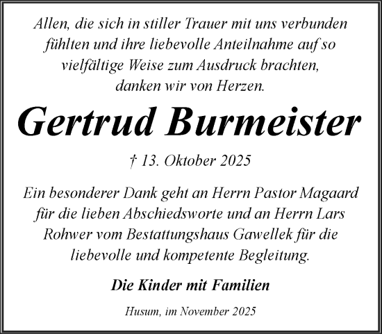 Traueranzeige von Gertrud Burmeister von Husumer Nachrichten, Nordfriesland Tageblatt