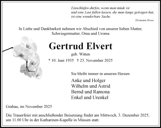 Traueranzeige von Gertrud Elvert von Wochenend Anzeiger