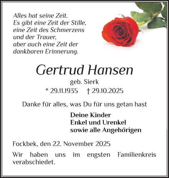 Traueranzeige von Gertrud Hansen von Schleswig-Holsteinische Landeszeitung