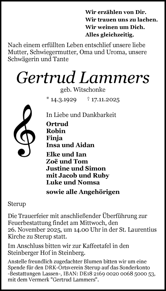 Traueranzeige von Gertrud Lammers von Flensburger Tageblatt