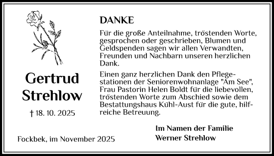 Traueranzeige von Gertrud Strehlow von Schleswig-Holsteinische Landeszeitung