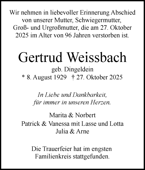 Traueranzeige von Gertrud Weißbach von Region Pinneberg und tip Pinneberg