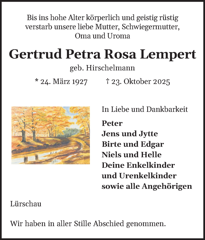  Traueranzeige für Gertrud Petra Rosa Lempert vom 08.11.2025 aus Schleswiger Nachrichten, Schlei-Bote