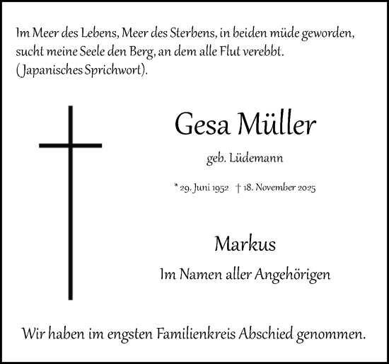 Traueranzeige von Gesa Müller von Uetersener Nachrichten, Der tip am Wochenende