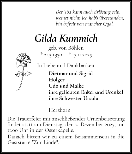 Traueranzeige von Gilda Kummich von Norddeutsche Rundschau, Wilstersche Zeitung, Glückstädter Fortuna