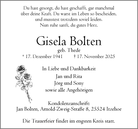 Traueranzeige von Gisela Bolten von Norddeutsche Rundschau, Wilstersche Zeitung, Glückstädter Fortuna