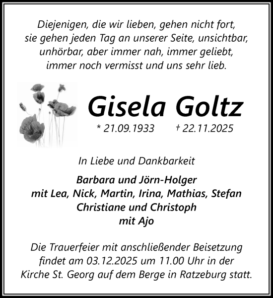 Traueranzeige von Gisela Goltz von MARKT Ratzeburg/Mölln