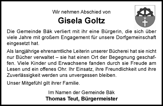 Traueranzeige von Gisela Goltz von MARKT Ratzeburg/Mölln