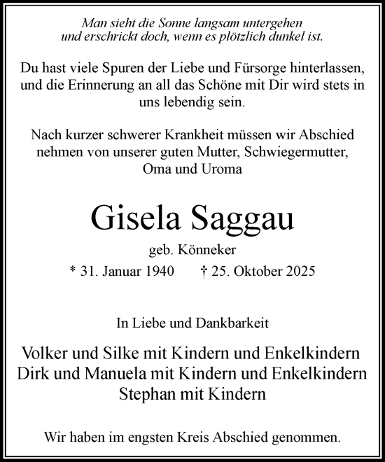 Traueranzeige von Gisela Saggau von MARKT Bad Oldesloe/Reinfeld und Stormarner Tageblatt
