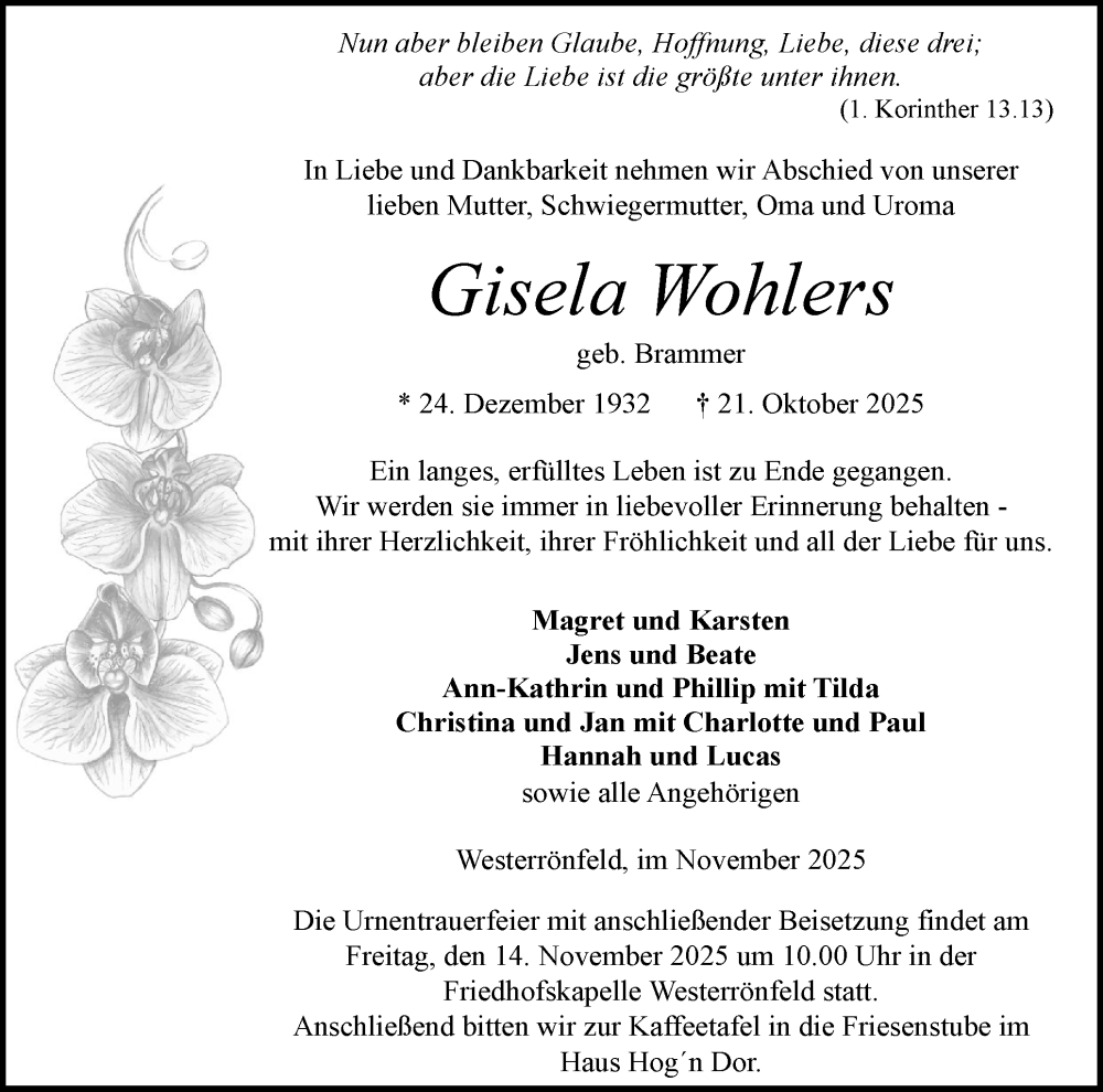  Traueranzeige für Gisela Wohlers vom 08.11.2025 aus Schleswig-Holsteinische Landeszeitung