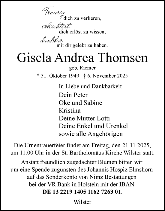 Traueranzeige von Gisela Andrea Thomsen von Norddeutsche Rundschau, Wilstersche Zeitung, Glückstädter Fortuna