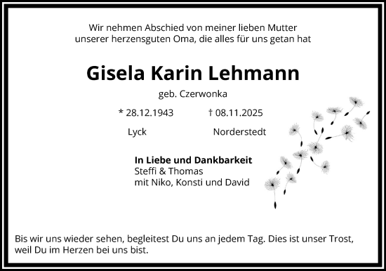 Traueranzeige von Gisela Karin Lehmann von Heimatspiegel