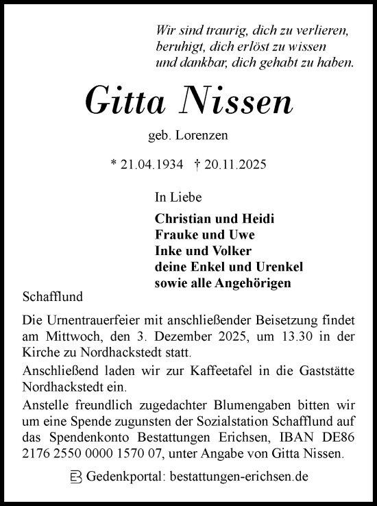 Traueranzeige von Gitta Nissen von Region Flensburg