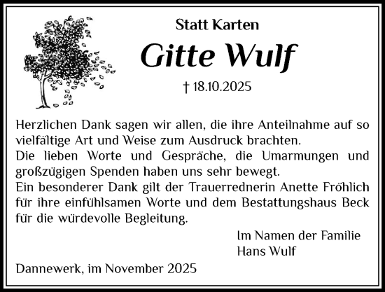 Traueranzeige von Gitte Wulf von Schleswiger Nachrichten, Schlei-Bote