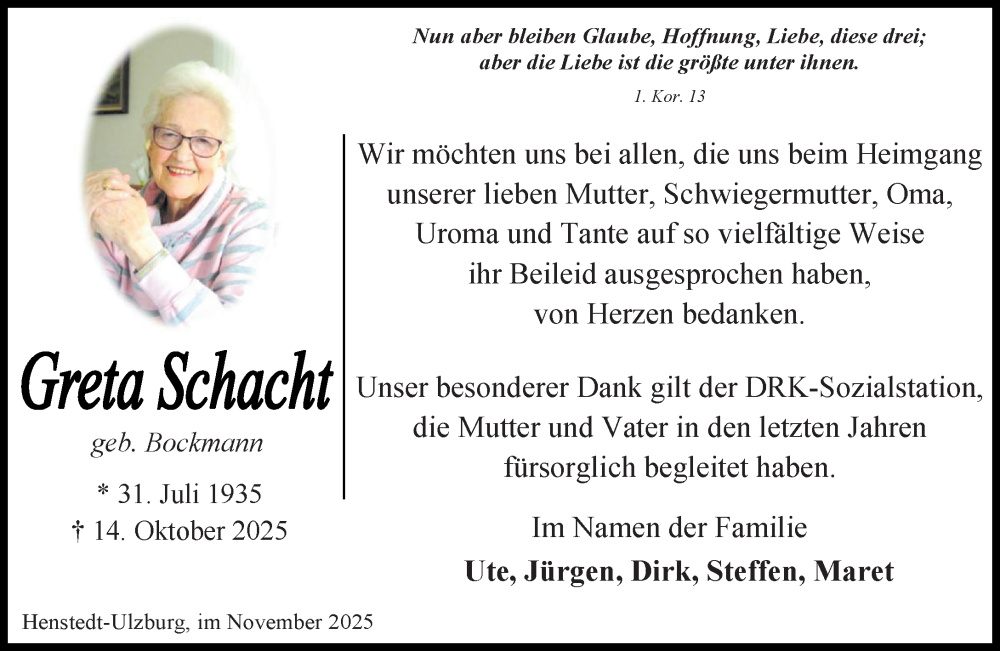  Traueranzeige für Greta Schacht vom 15.11.2025 aus Umschau
