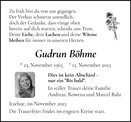 Traueranzeige von Gudrun Böhme von Norddeutsche Rundschau, Wilstersche Zeitung, Glückstädter Fortuna