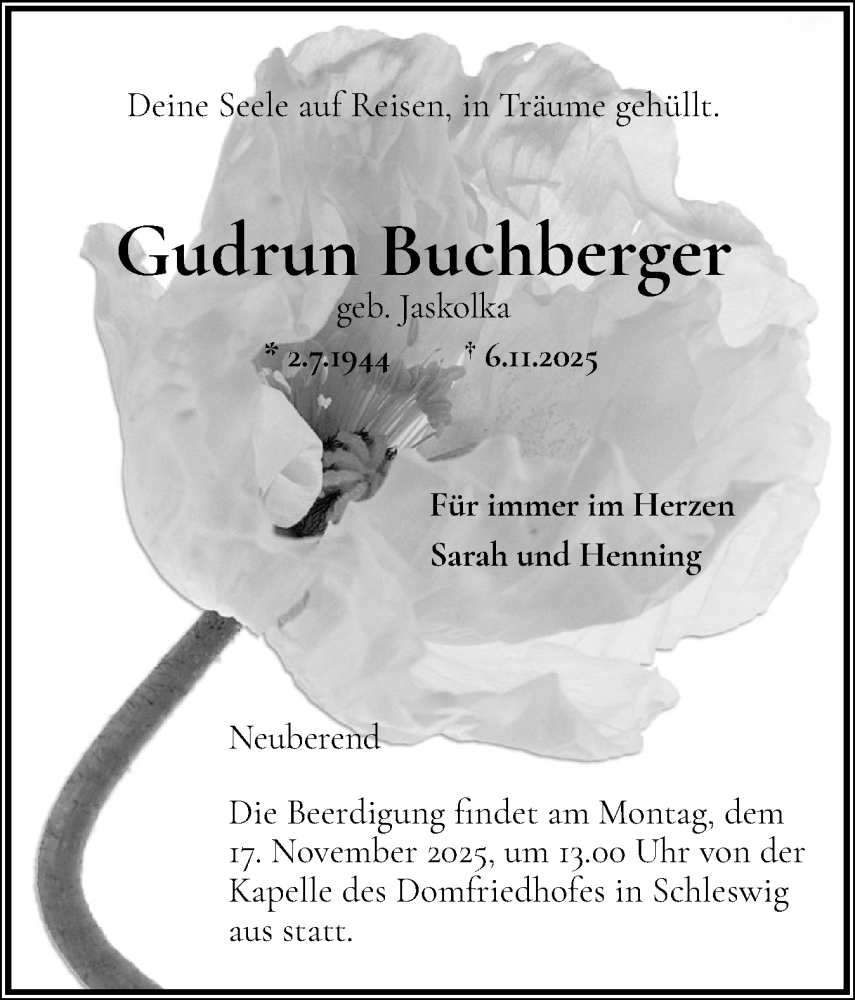  Traueranzeige für Gudrun Buchberger vom 12.11.2025 aus Schleswiger Nachrichten, Schlei-Bote